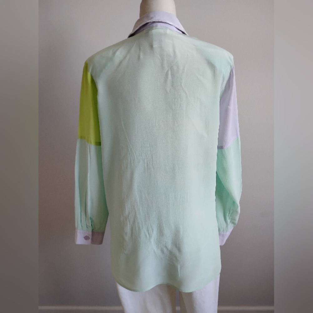 Diane Gilman Silk Beaded Button Up Blouse Pastel Chartreuse Lilac Size Medium - Picture 9 of 14